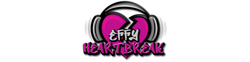 The words Effy Heartbreak in a graffiti font over a broken heart wearing headphones to form a logo.